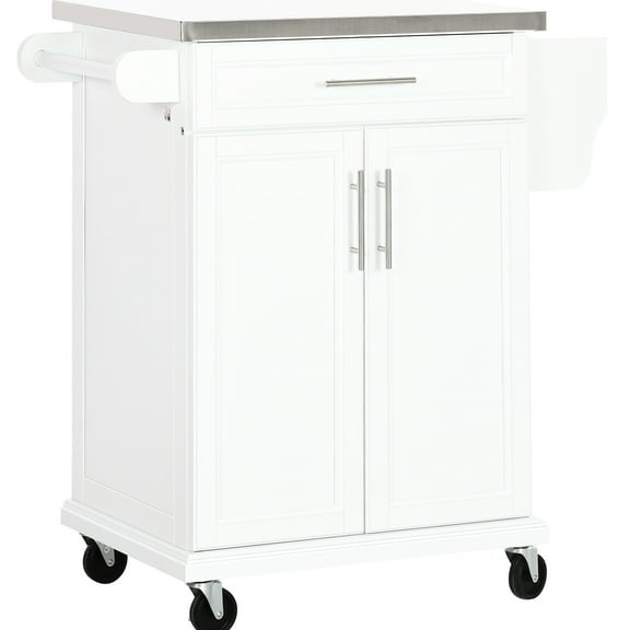 Rolling Kitchen Table With Stainless Steel Counter, Drawer, Towel Rack, Spice Rack And Storage Options, White Portable Countertop, Storage,