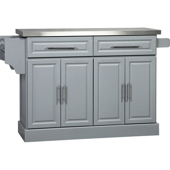 Rolling Kitchen Trolley, Gray, Stainless Steel Countertop, 2 Drawers, Spice Rack, Towel Storage Island With Drawers And Cabinets , Top,