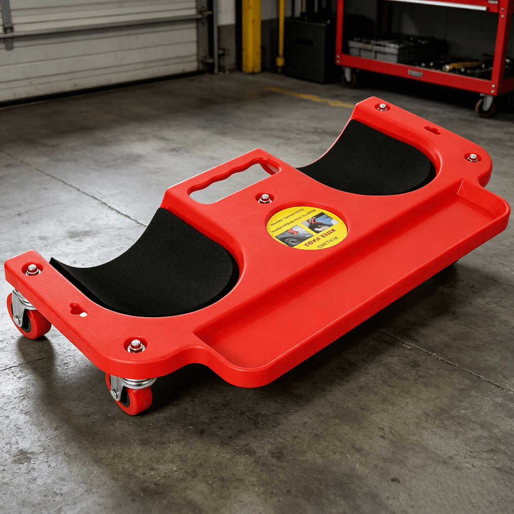 Rolling Knee Creeper with 360 Degree Swivel Casters and Tool Tray Durable Knee Pads 200 lb Capacity Red for Garage Workshop Garden Auto Detailing Mechanic Kneeling Seat Cushioned Comfort Easy Rolling