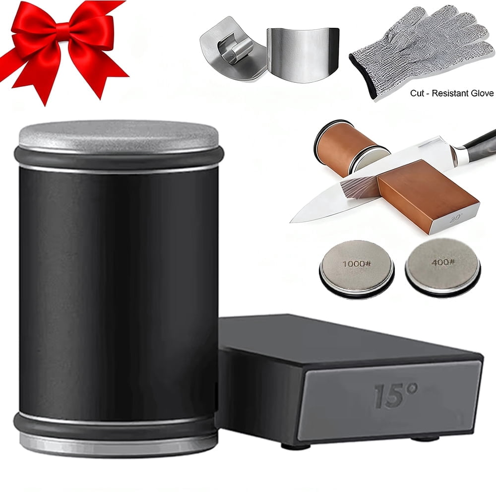 Akatsuki Tumbler Rolling Knife Sharpener Set Kit,15°/20°Magnetic Angle 400/1000 Diamond Sharpening Stone, for Kitchen Pocket Steel Knives with Finger Guard & Cut-Resistant Glove