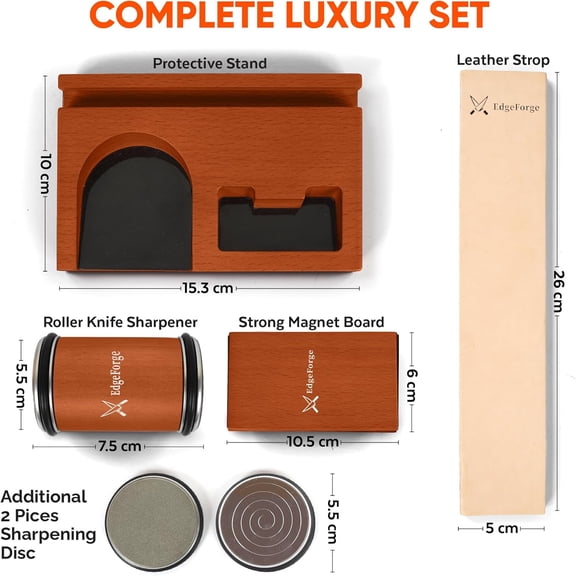 Rolling Knife Sharpener Kit – Diamond & Ceramic Knife Sharpener Set with Magnetic 15 °   & 20 °   Angle Guide, 4 Sharpening Discs, Leather Strop & Stand, Manual Kitchen Knife Sharpening Tool Gift Set