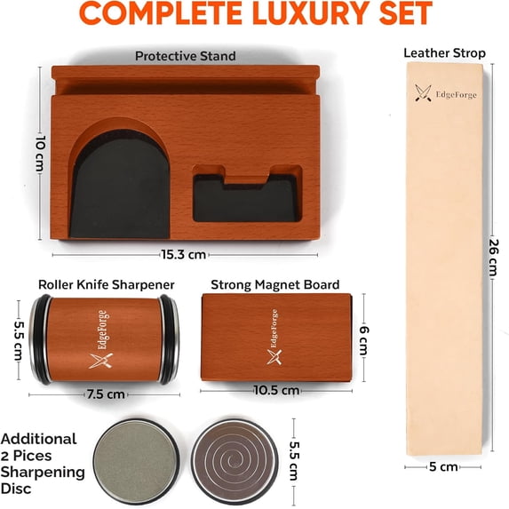 Rolling Knife Sharpener Kit – Diamond & Ceramic Knife Sharpener Set with Magnetic 15 ° & 20 ° Angle Guide, 4 Sharpening Discs, Leather Strop & Stand, Manual Kitchen Knife Sharpening Tool Gift Set