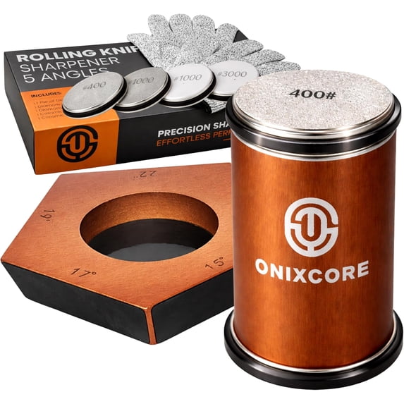 Rolling Knife Sharpener Kit, Magnetic 5-Angle Base 12° 15° 17° 19° 22°, 4 Grit Discs (400# 1000# Diamond, 1000# 3000# Ceramic), Precise for Fine Cutting, Gloves for Protection, Knife Sharpener
