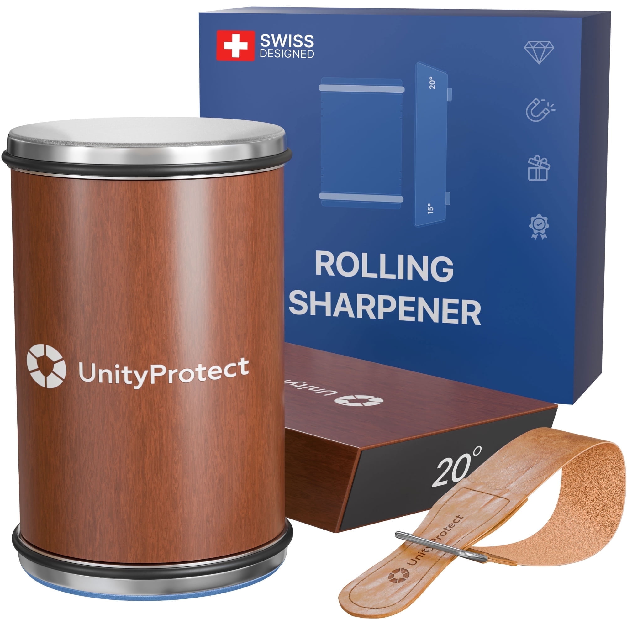 UnityProtect Knife Sharpener with Magnetic Holder, 15 & 20 Rolling Knife Sharpening Kit with Diamond & Ceramic Discs, Leather Strop, Kitchen Knife Sharpening Tool