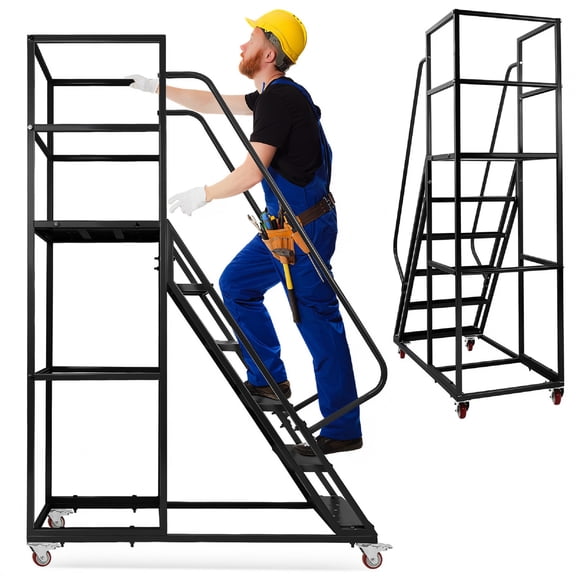 IMIKEYA Rolling Ladder with Platform and Handrails Black Heavy Duty Warehouse Step Ladder