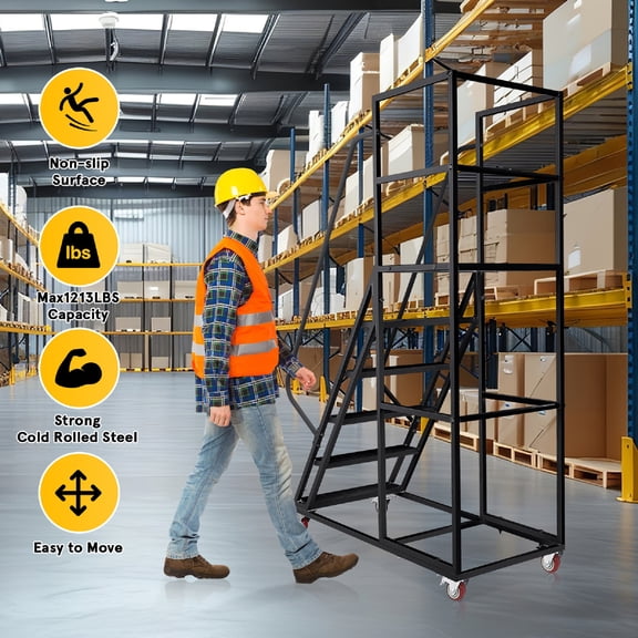 Rolling Ladder: 6 Step Work Platform with Handrails, 550kg/1213lbs Capacity, 4.27ft Tall Warehouse Ladder with Wheels Heavy Duty for Indoor Shop Home