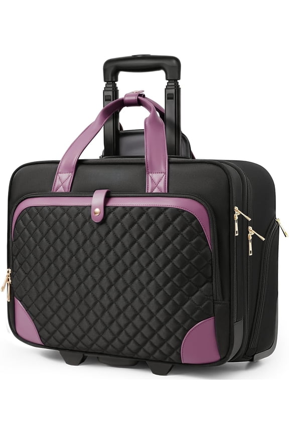Rolling Laptop Bag, Rolling Briefcase for Women with  Pocket, 16 Inch Computer Bag, Underseat Carry  Luggage with Wheels for Work Travel Business, Lightweight Black Purple