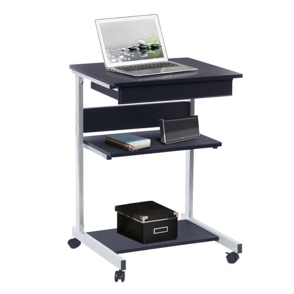 Rolling Laptop Cart, Mobile Workstation with Drawer & Double Storage Shelves, Locking Wheels, for Home Dorm Office, Graphite