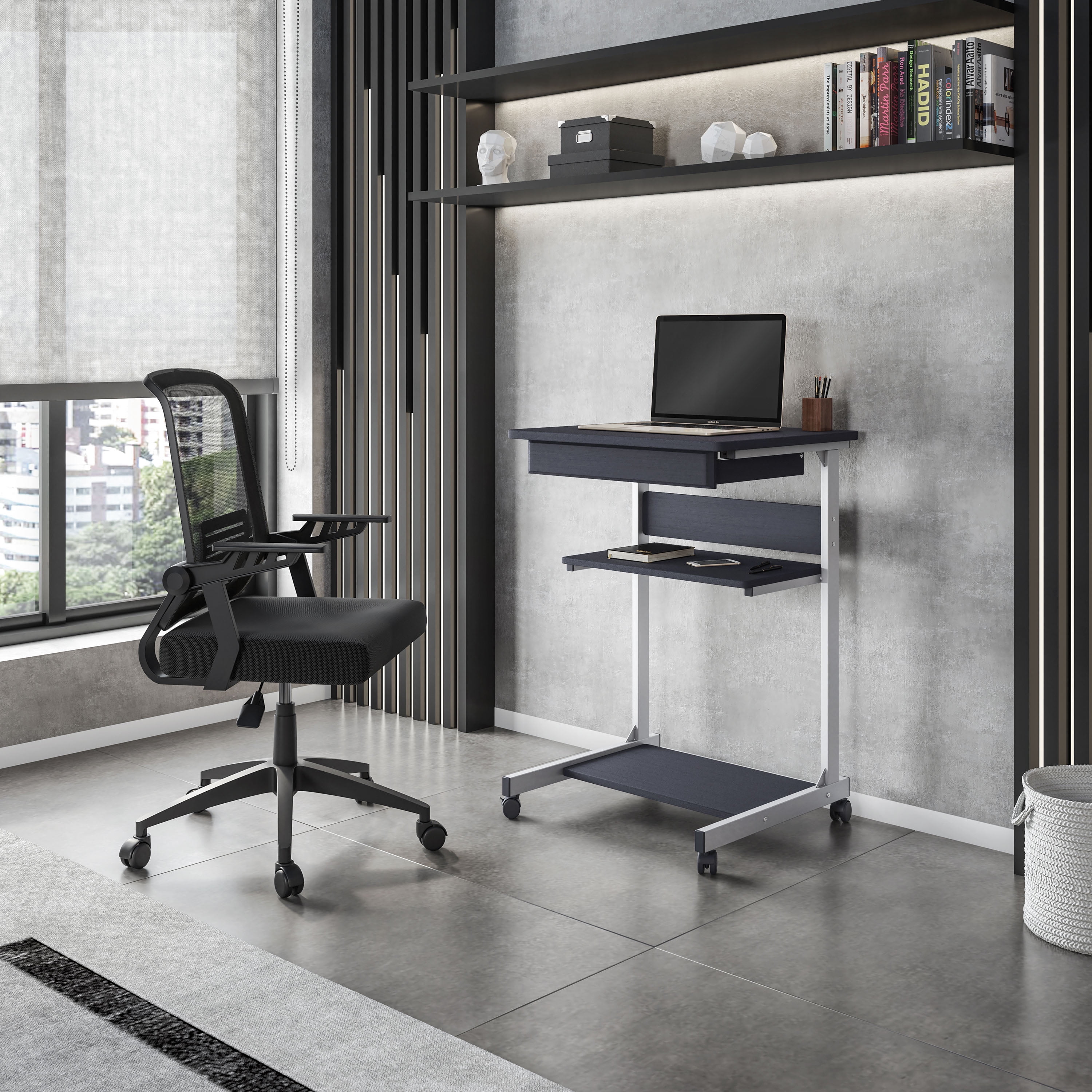 Rolling Laptop Cart with Storage Drawer & Double Shelves, Moisture Resistant MDF Mobile Workstation, Lockable Non-Marking Casters Scratch Proof Steel Frame for Home Dorm