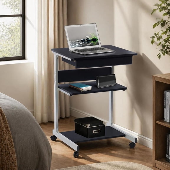 Rolling Laptop Desk, graphite finish, MDF panels, steel frame, with drawer and 2 shelves