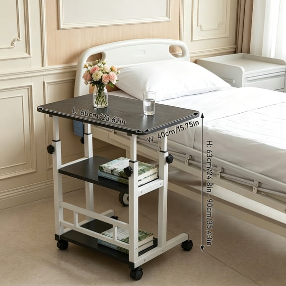 Rolling Laptop Desk with Adjustable Height, 3-Tier Bedside Table Cart on Wheels