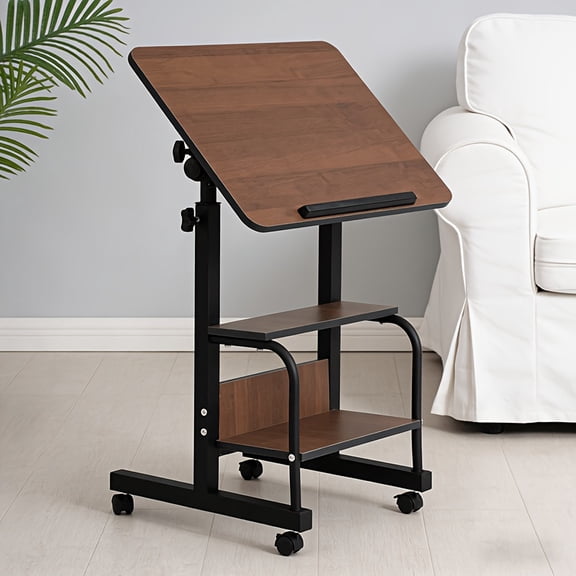 Rolling Laptop Desk with Adjustable Height, 60x40 cm Tilt Top Cart Brown for Bedside