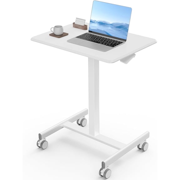 Rolling Laptop Stand Small Standing Desk with Wheels, Adjustable Height Rolling Table with Metal Base Lockable Catsers, Computer Rolling Table for Couch Home Office, 25.7'' × 19'' Milky