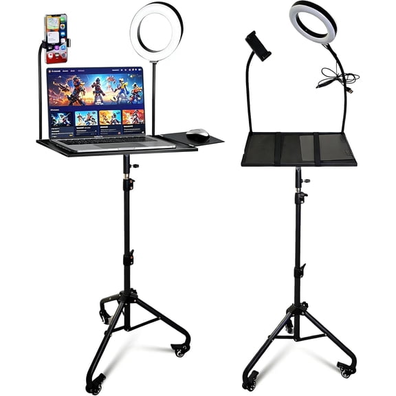 Rolling Laptop pod Stand with Wheels, Adjustable Height 29-55 Inch Projector pod Stand, Portable Laptop Floor Holder with 6" LED Ring Light and Phone Holder
