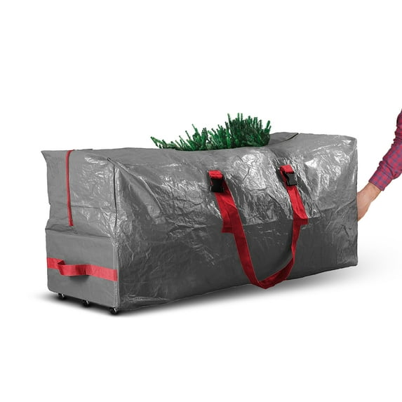 Rolling Large Christmas Tree Storage Bag - Fits Artificial Disassembled Trees, Durable Handles & Wheels for Easy Carrying and Transport - Tear/Waterproof Polyethylene Plastic Duffle Bag (9 Ft., Gray)