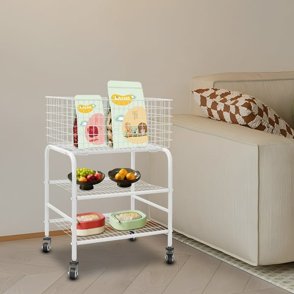 Rolling Laundry Basket, 3 Tiers-Garment Storage Cart, Garment Metal Rack for Clothes Wash and Dry Sort White