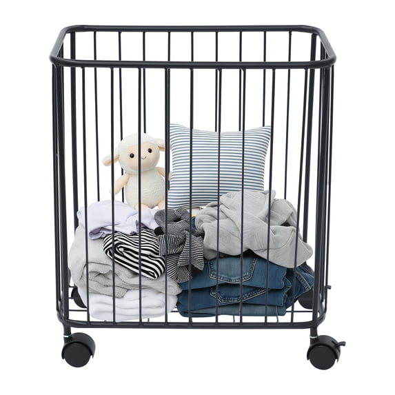 Rolling Laundry Basket Cart, Black Metal Freestanding Hamper, Large Rectangular Storage Cart for Bathroom Laundry Room