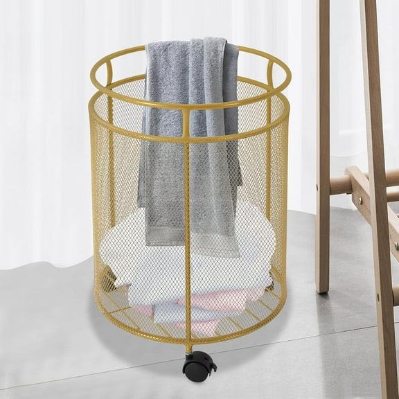 Rolling Laundry Basket Cart, Mesh Metal Laundry Hamper with Wheels Round Dirty Clothes Basket Organizer for Bathroom Bedroom Laundry Room (Gold)