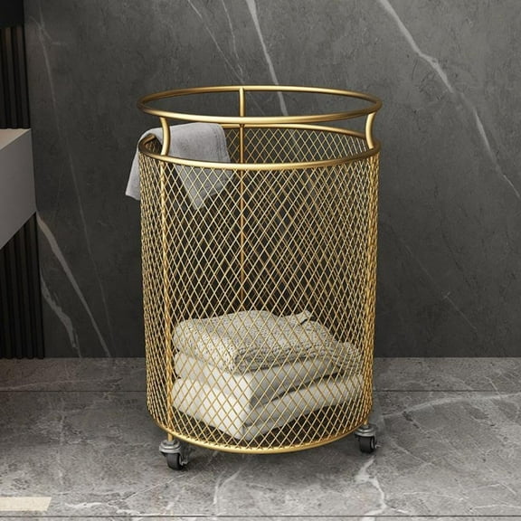 Rolling Laundry Basket Cart, Metal Laundry Basket with Wheels Standing Laundry Hamper Cart with Large Capacity Mobile Storage Cart Gold for Bedroom Bathroom Balcony