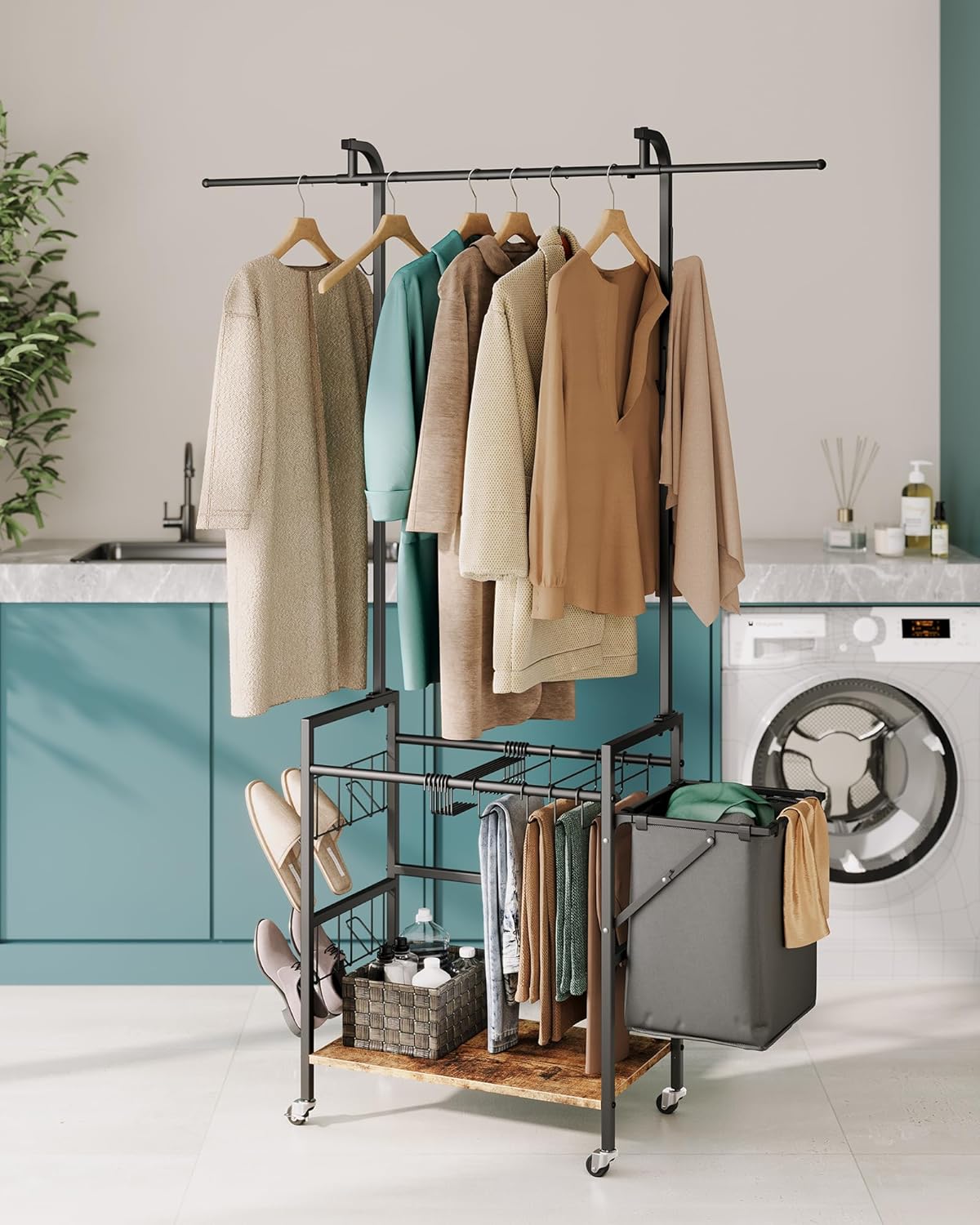 Rolling Laundry Basket with Hanging Garment Rack, Collapsible Laundry
