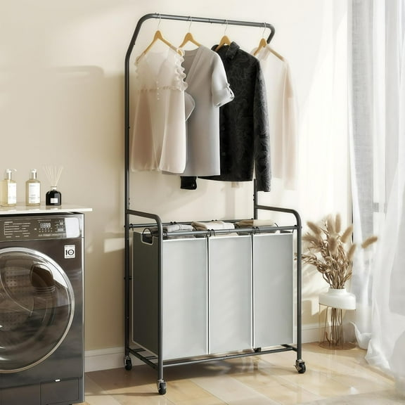 Rolling Laundry Basket Organizer with Hanging Clothes Rack: 3 Section Laundry Hamper Sorter with Hanging Bar and Heavy-duty Lockable Wheels - Clothes Rack with Laundry baskets