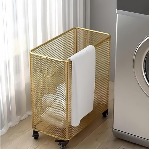 Rolling Laundry Basket featuring Universal Wheels, Gold Wire Metal Clothes Hamper, Multi Function Storage Cart for Laundry Room Kids Room Apartment Home. Gold 57*50*30cm/22.4*19.7*11.8in