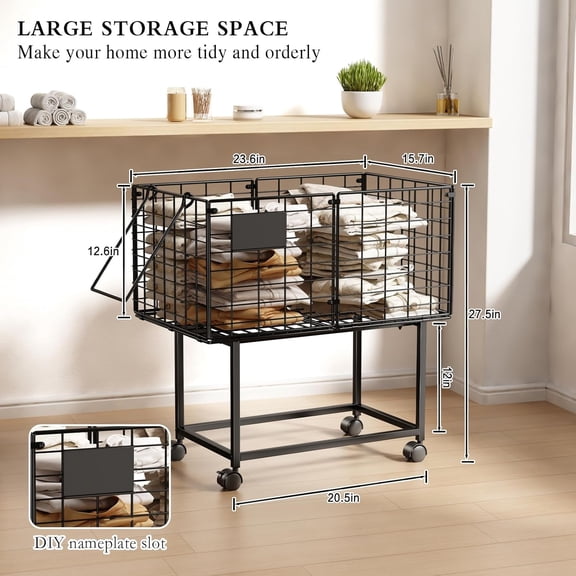 Rolling Laundry Cart, 80L Wire Laundry Hamper Basket on Wheels, Dirty Clothes Basket with Handle, Metal Clothes Hamper Organizer for Laundry Room, Bathroom, Bedroom, Dorm, Black