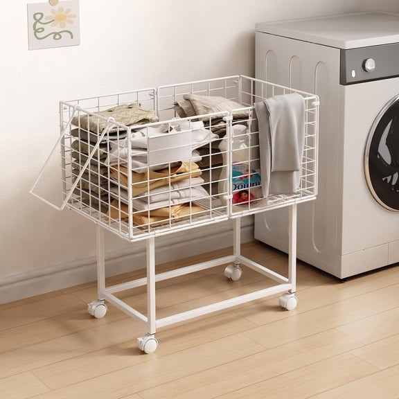 Rolling Laundry Cart, 80L Wire Laundry Hamper Basket Wheels, Dirty Clothes Basket with Handle, Metal Clothes Hamper Organizer for Laundry Room, Bathroom, Bedroom, Dorm, White
