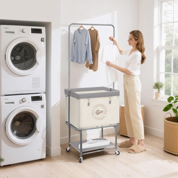 Rolling Laundry Cart with Hanging Bar & Storage Shelf, 110L Heavy Duty Large Laundry Basket with Clothes Hanging Rod, Study Clothes Hamper with Lockable Wheels, Beige