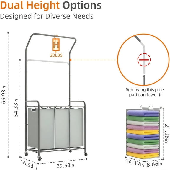 Rolling Laundry Cart Organizer with Hanging Rack