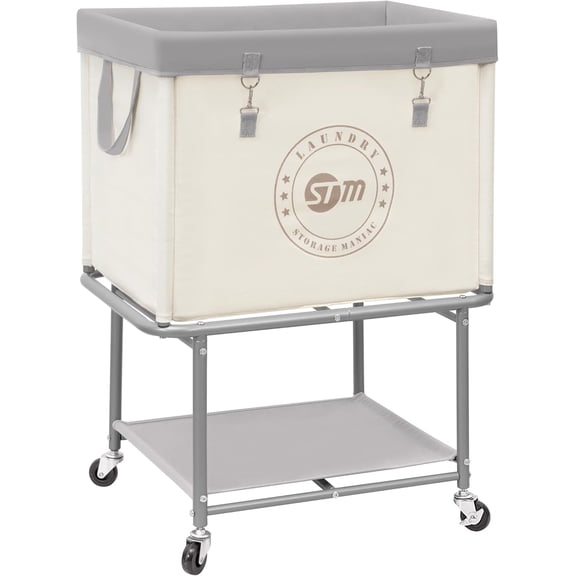 Rolling Laundry Cart with Storage Shelf, Beige | Heavy Duty Industrial Laundry Basket with Wheels, Commercial Metal Frame Clothes Hamper with Canvas Bag for Closet, Bedroom