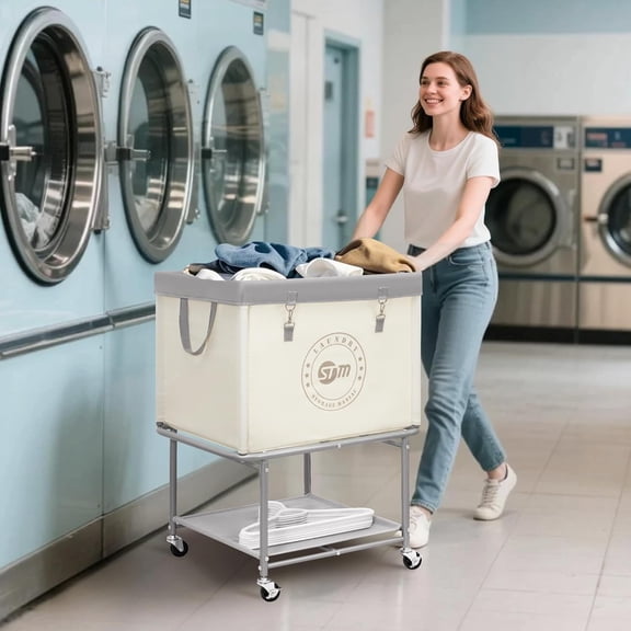 Rolling Laundry Cart with Storage Shelf, Heavy Duty Industrial Laundry Basket with Wheels, Commercial Metal Frame Clothes Hamper with Canvas Bag for Dorm, Closet, Bedroom, Beige