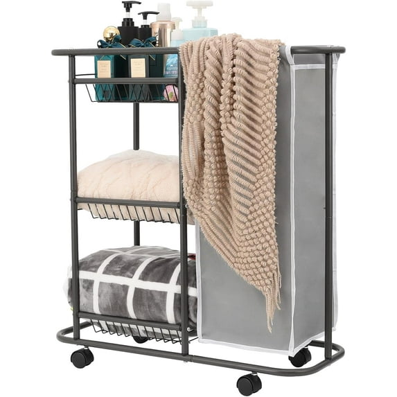 Rolling Laundry Cart with Wheels, 3-Tier Laundry Caddy Between Washer and Dryer, Heavy Duty Rolling Laundry Basket with 45L Bag for Narrow Space Laundry Room, Bathroom, Bedroom, Gray