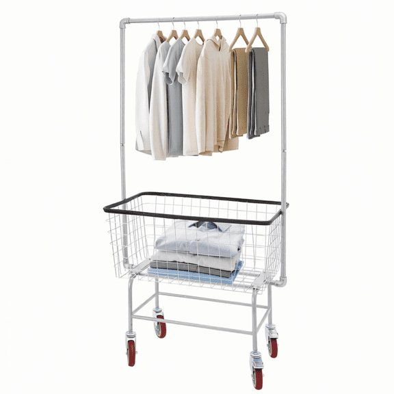 Rolling Laundry Cart with Hanging Rack Steel Wire Hamper with 4 Wheels 2 Brakes for Clothes Storage