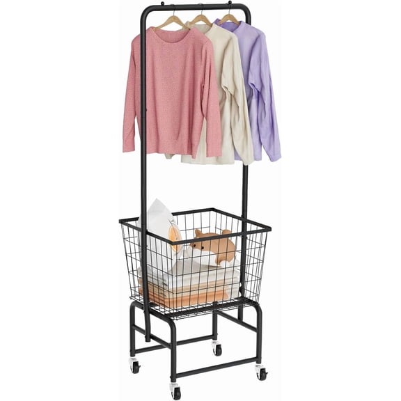 Rolling Laundry Cart with Wheels, Extra Large Laundry Hamper Basket Organizer with Clothes Hanging Rack, Wire Storage Cloth Shelf Butler, Black