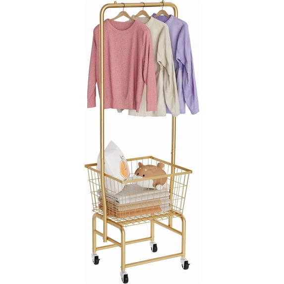 Rolling Laundry Cart with Wheels, Hamper Basket Organizer with Hanging Rack and Wire Storage Shelf