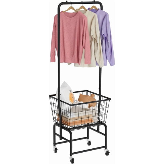 Rolling Laundry Cart with Wheels, Hamper Basket Organizer Clothes Hanging Rack, Wire Storage Cloth Shelf Butler, Black
