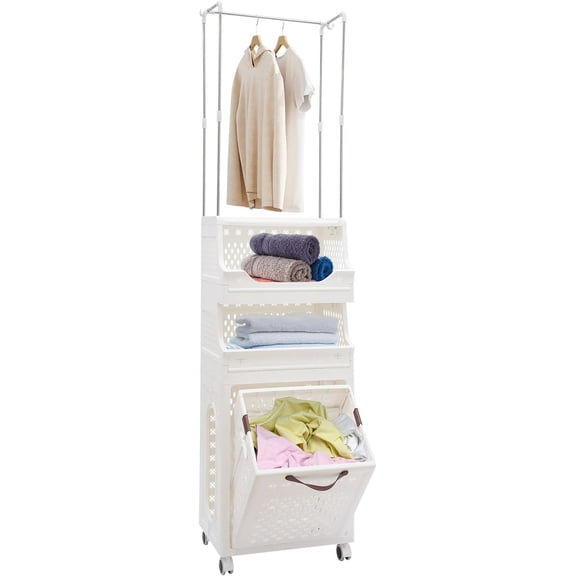 Rolling Laundry Hamper with Hanging Rod, 3-Tier Laundry Hamper Cart with 6 Hooks, Portable Bathroom Organizer with Removable Basket, Space Saving Storage Rack