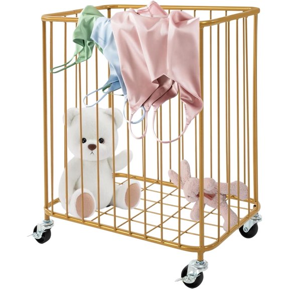 Rolling Laundry Hamper, Large-size Metal Laundry Basket Cart w/Wheels, Wheeled Clothing Hamper for Home, Hotel, Mall, Bathroom, Bedroom and Commercial Laundries (Gold)