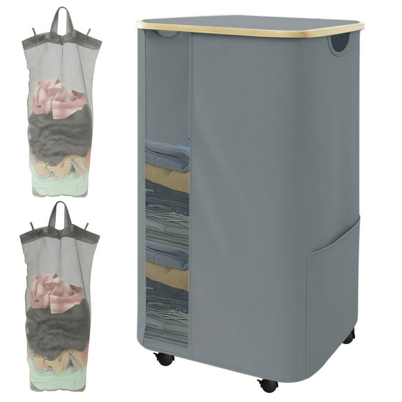 Rolling Laundry Hamper with Lid & Wheels, 110L Slim Double Grey Laundry Hamper 2 Section, Narrow Large Laundrys Hampers with Removable Bags&Breathable Mesh, Dirty Clothes Hampers for Bedroom
