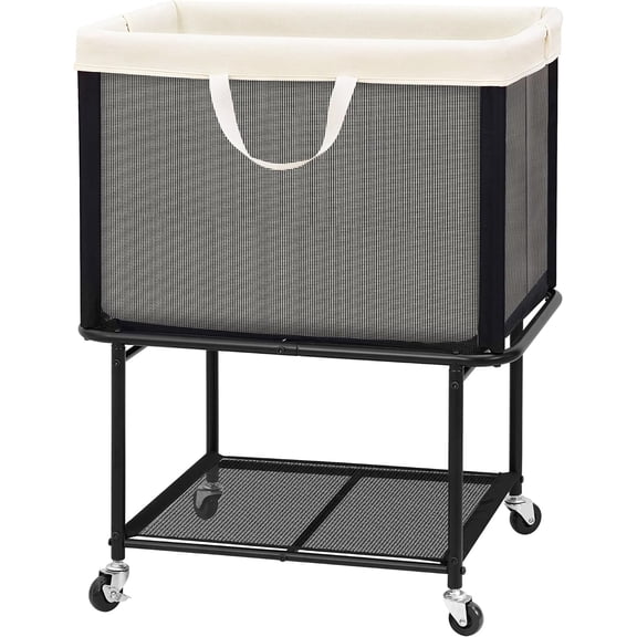 Rolling Laundry Hamper with Lockable Wheels, 29-Gallon (110L) Laundry Cart with Removable Canvas Bag, 2-Tier Clothes Basket Hamper with Shelf for Closet, Bedroom, Bathroom, Laundry Room, Beige