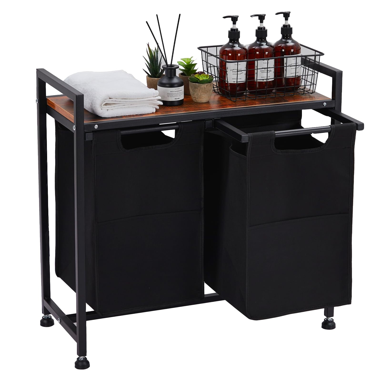 Rolling Laundry Hamper with Shelf - 2 Removable Pull-Out Oxford Baskets - Sturdy Storage Organizer on Wheels for Laundry Room, Bathroom, Bedroom - 2 Baskets