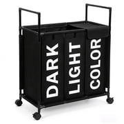 3 Section Laundry Basket with Wheels and Lids, 150L Rolling Laundry Hamper with Handle, Sorter for Clothes Toys Sundries (Black)