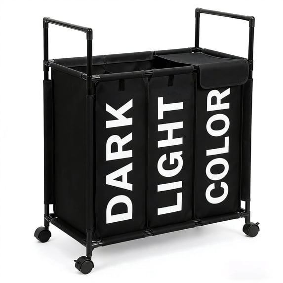 3 Section Laundry Basket with Wheels and Lids, 150L Rolling Laundry Hamper with Handle, Sorter for Clothes Toys Sundries (Black)