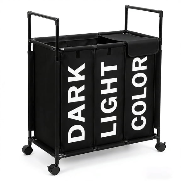 3 Section Laundry Basket with Wheels and Lids, 150L Rolling Laundry Hamper with Handle, Sorter for Clothes Storage (Black)