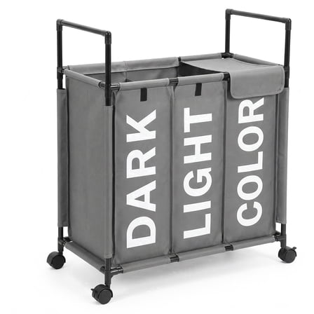 3 Section Laundry Basket with Wheels and Lids, 150L Rolling Laundry Hamper with Handle, Sorter for Clothes Storage (Gray)