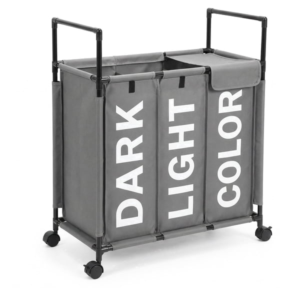 3 Section Laundry Basket with Wheels and Lids, 150L Rolling Laundry Hamper with Handle, Sorter for Clothes Storage (Gray)