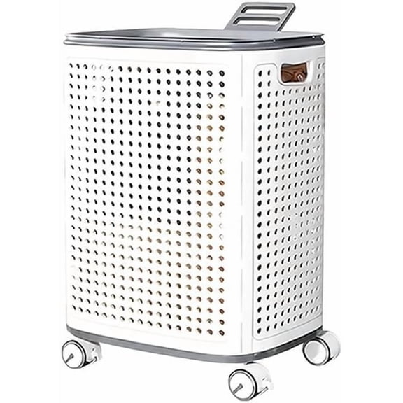 Rolling Laundry Hamper with Lid, Perforated Metal Design, L Size, Portable Handle, Smooth Edges, Ventilated Basket with Wheels, 23.8x16.7x12.9 Inches