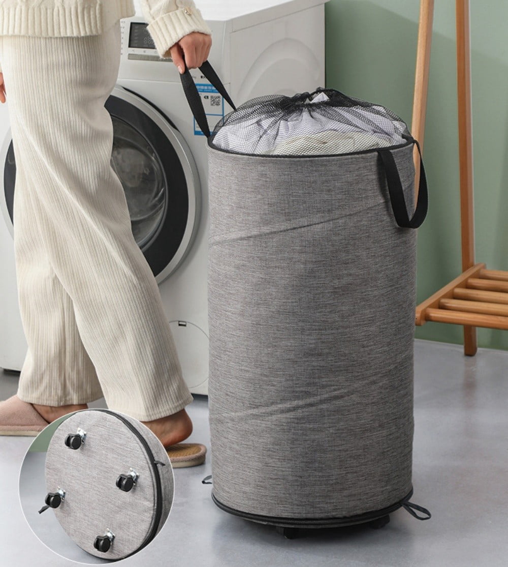 Rolling Laundry Hamper with Wheels, 75L Round Collapsible Oxford Fabric Laundry Basket, Gray