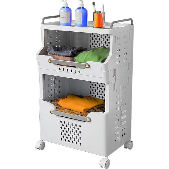 Rolling Laundry Hamper with Wheels, Folding Utility Cart, Kitchen Storage Organizer, Stackable Open Front Bins, Plastic Clothes Basket